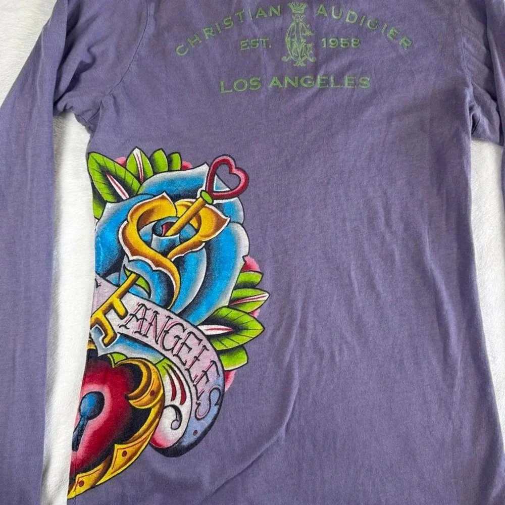 Rare grail Christian Audigier‎ Ed Hardy purple cash graphic top y2k vintage